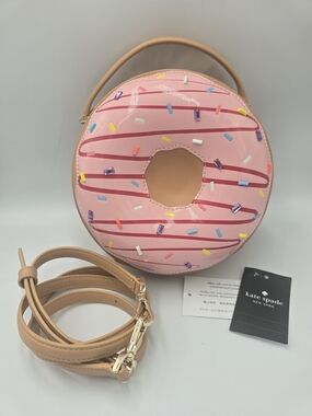 KATE SPADE Pink Donut Sprinkles Crossbody Bag Tan Strap Novelty Coffee Break